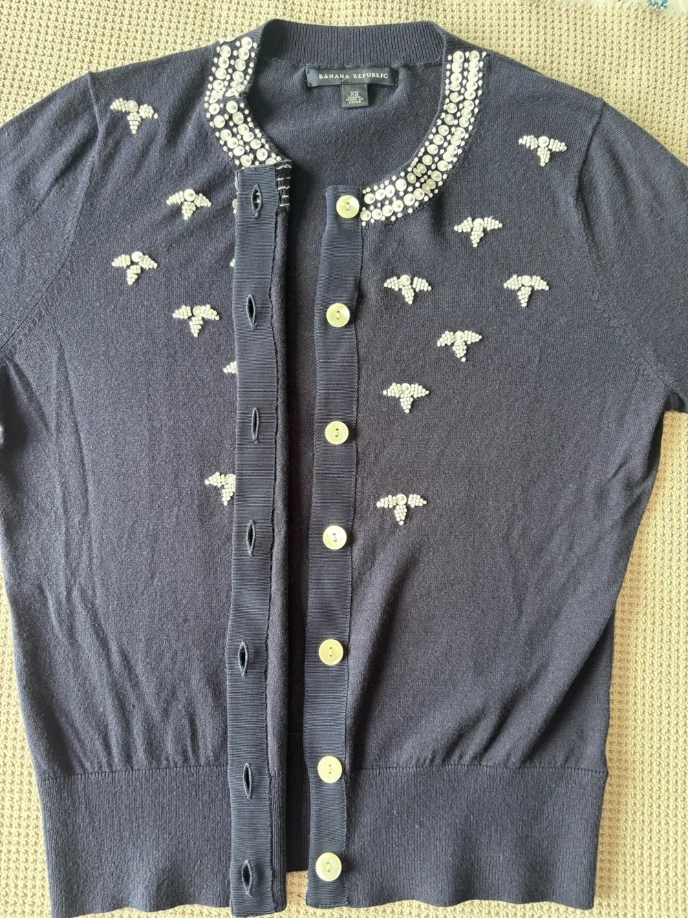 Banana Republic Navy Blue Embellished Jewel Neck Cotton Cardigan Sweater XS